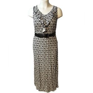 B Design Womens Maxi Dress Size XL Black White Geometric Sleeveless Belted
